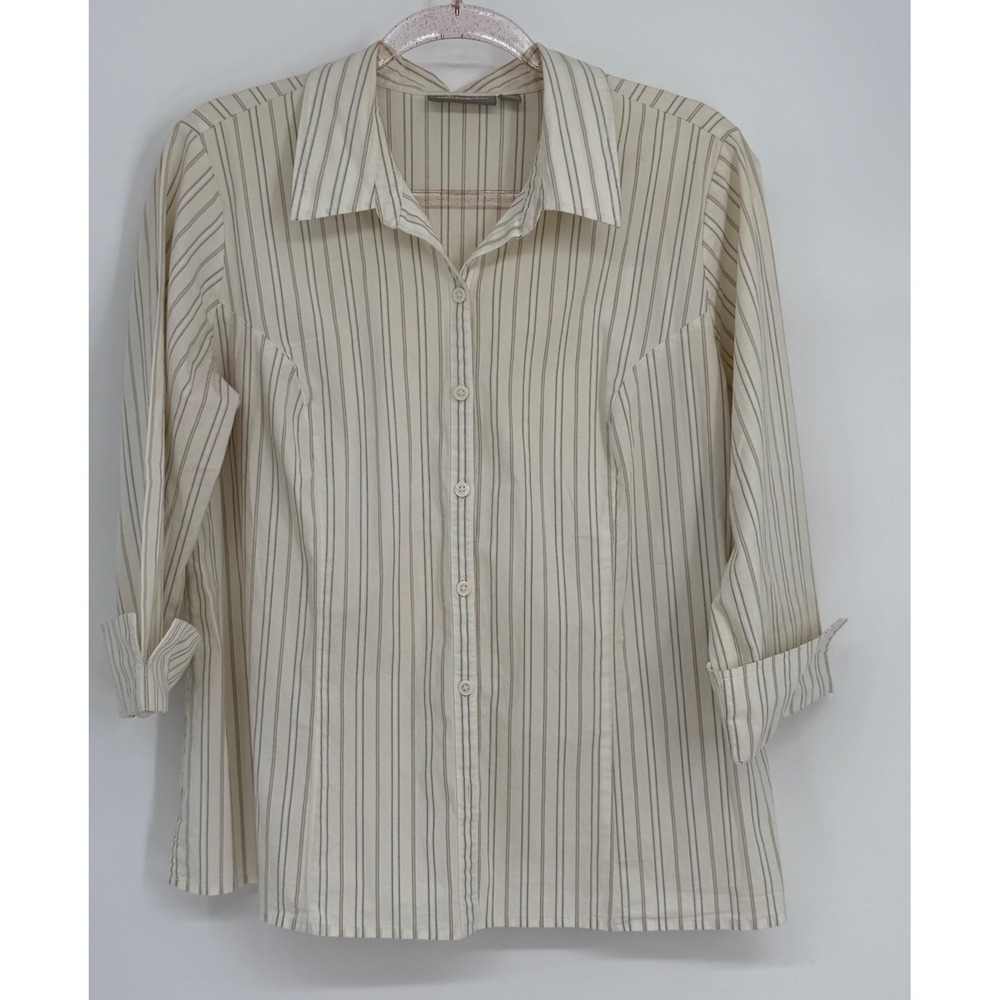 Croft & Barrow Woman Stretch Striped Button Down Shirt‎ Cream 3/4 Sleeve Sz 1X